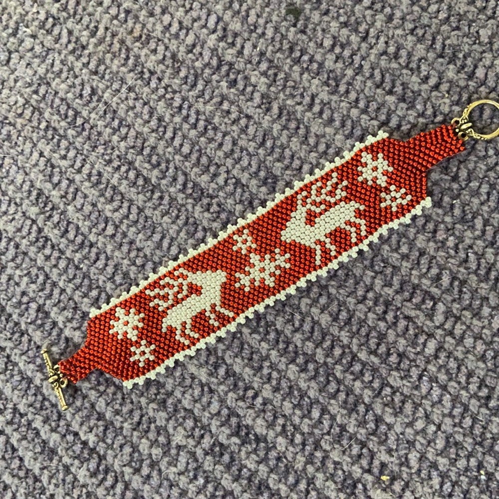 Handmade Reindeer peyote stitch hand crafted bracelet Deer red white